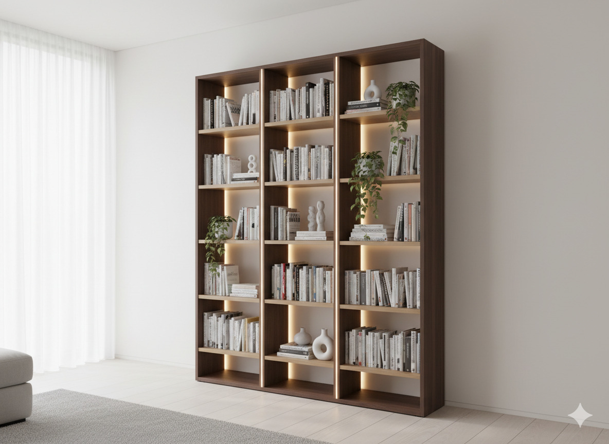 Modern bookcase with integrated lighting